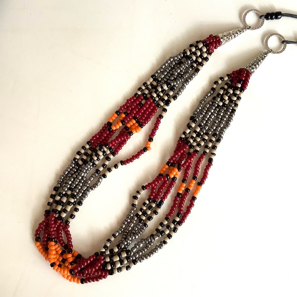Beaded red and silver multistrand boho festival necklace
